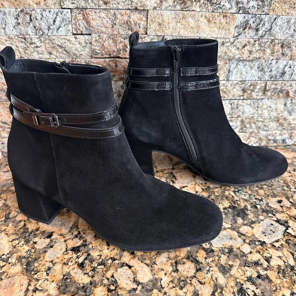PAUL GREEN Sydney SUEDE PATENT BUCKLES BLOCK Boot BLACK